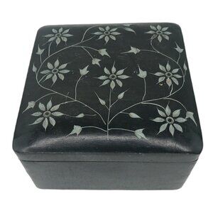 Vintage Black Stone Carved Floral Inlaid Trinket Box Hinged Lid Heavy Square